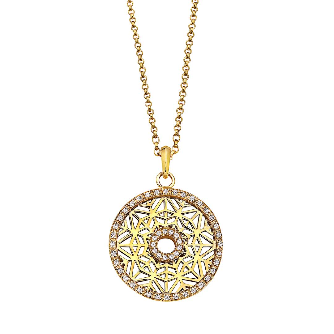 round pendant with diamonds in gold chain