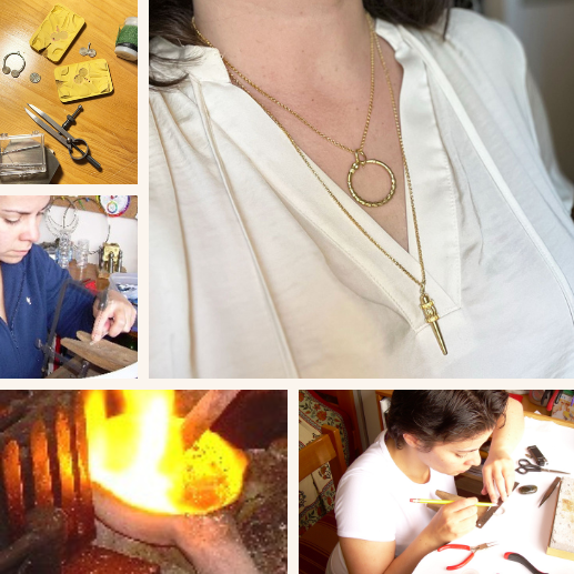 cecilia echeverri at the bench surrounded by her jewelry pieces